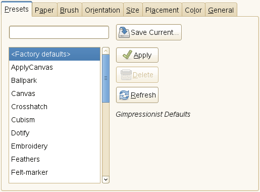 Presets tab options