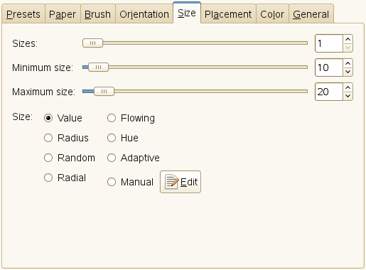 Size tab options