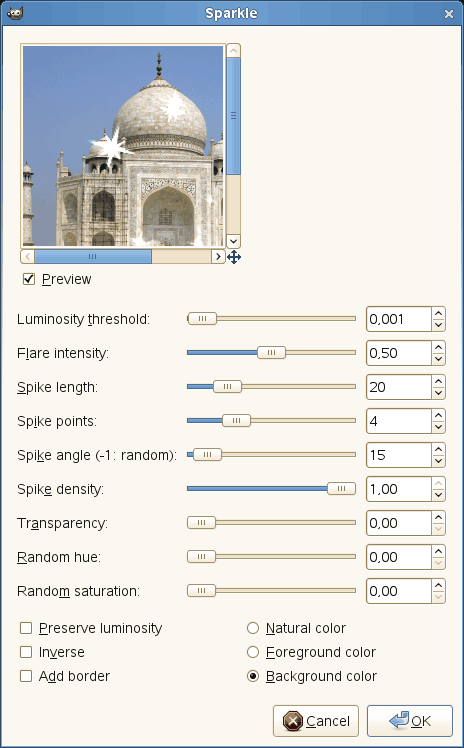 Sparkle filter options